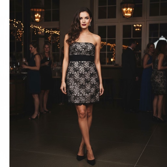 White House Black Market Dress Wmns Sz 4 Black Strapless Beaded Lace Knee Length - Picture 3 of 16